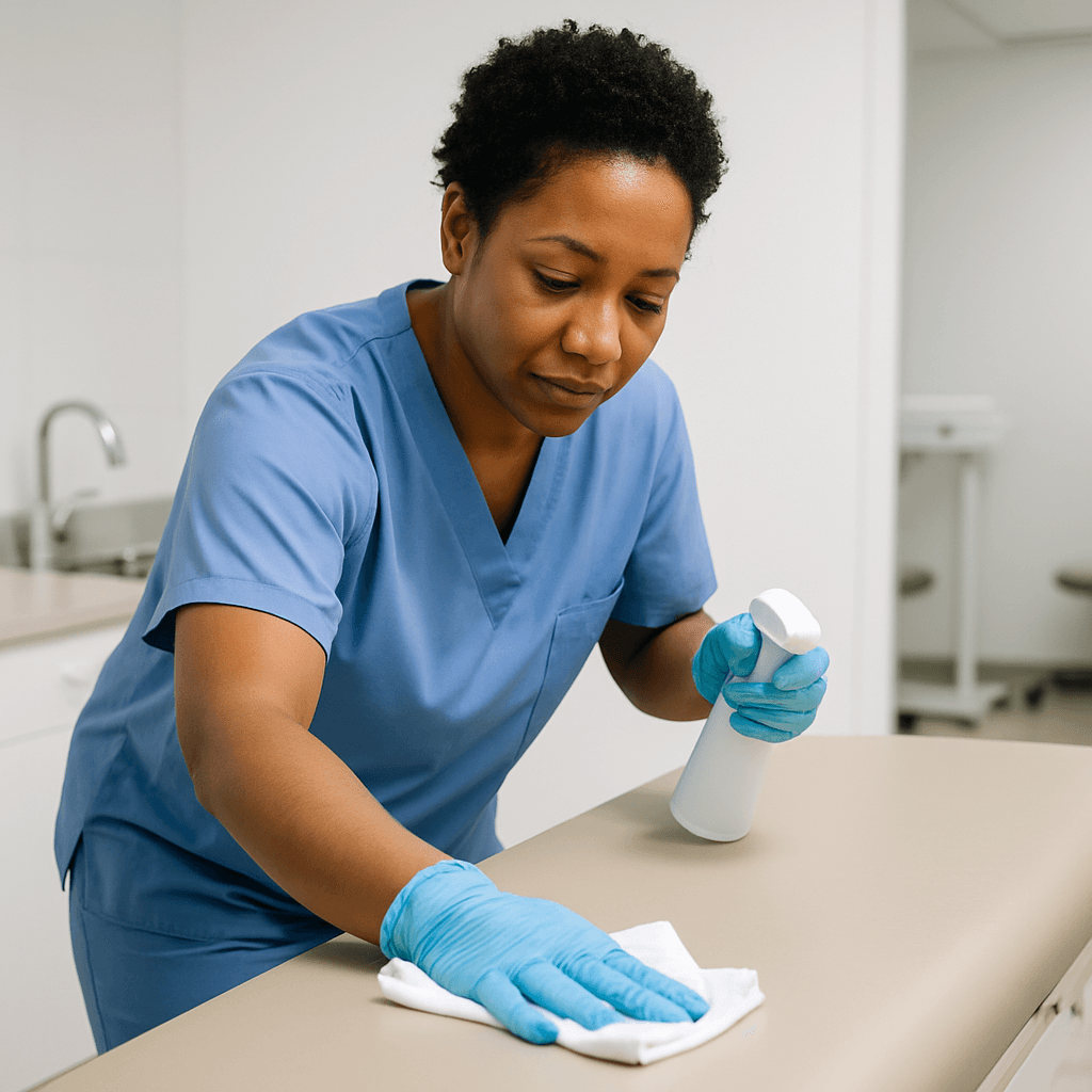 Professional cleaner sanitizing a medical facility in Launceston