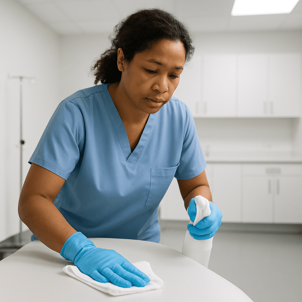 Professional cleaner sanitising a healthcare facility in Launceston